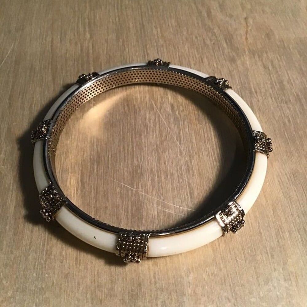 Vintage Cream Celluloid Gold Tone Ornate Station Bangle Bracelet Filigree